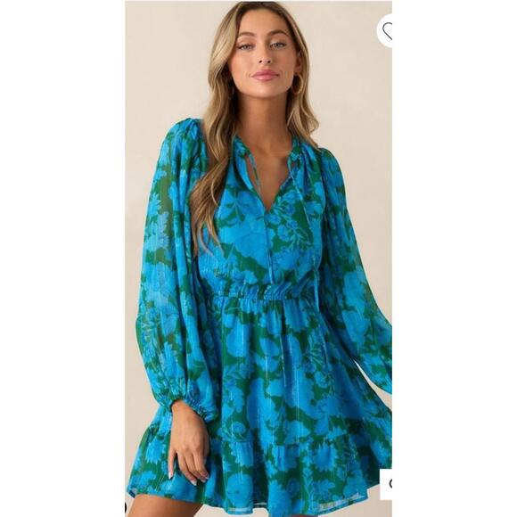 Sugar Lips Long Sleeve Teal & Green Chiffon Mini Dress. Ruffle. Bright. Large. - Picture 4 of 9